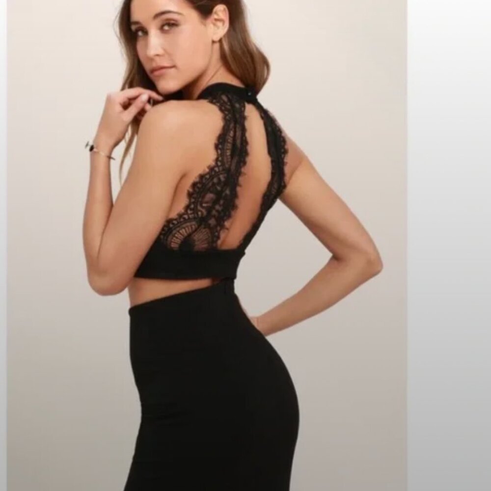 Lulu’s Black Chic My Interest Lace Two-Piece Dress Mini Skirt Crop Top Set